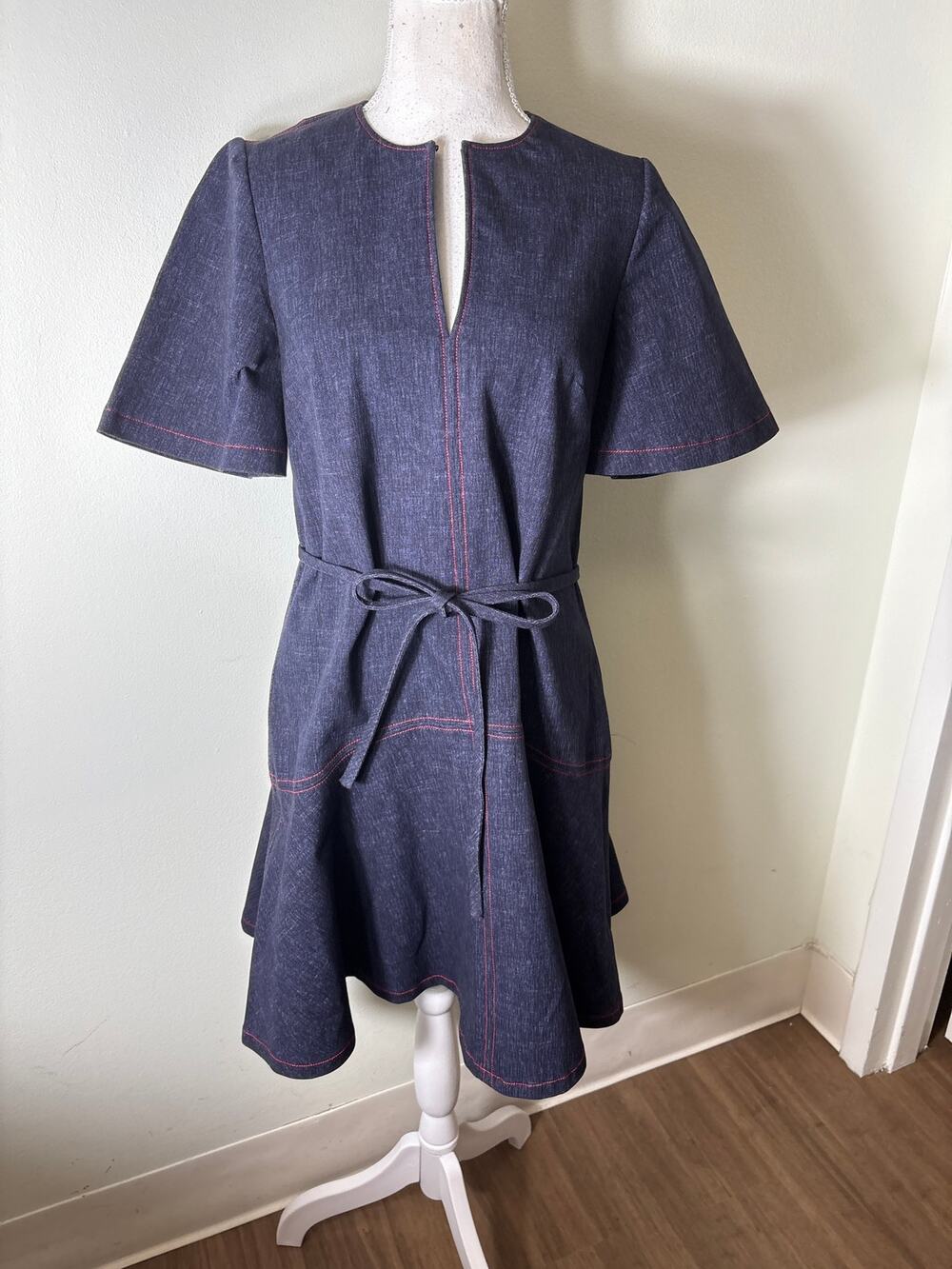 Pearl By Lela Rose Denim With Red Stitching Flare Dress Sz XS
